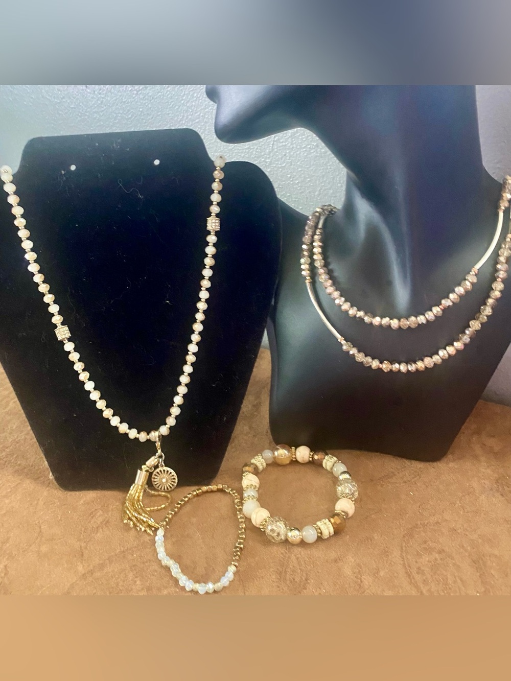 Long Boho Elegant Champagne, Cream & Gold Faceted Shimmering Necklace Sets